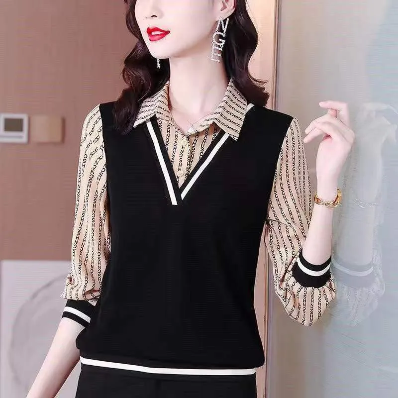 Women's Polos Fake Twopiece Bottoming Polo Shirt's Spring Autumn Fashion Allmatch Longsleeved Blouse Tops 230330