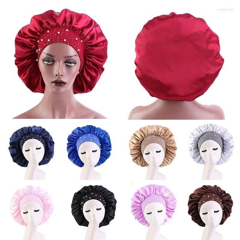 Beanies Beanie/Skull Caps Fashion Women Pearl Rhinestone Satin Night Sleppling Hair Protection Care Elastic Solid Color Frisör Dusch