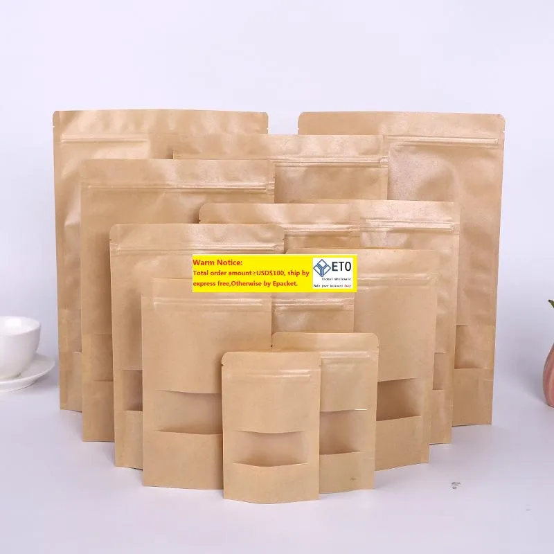 Kraft Paper Bag 12 Sizes Stand Up Gift Dried Food Fruit Tea Packaging Pouches Kraft Paper Window Bag Retail Zipper Self Sealing