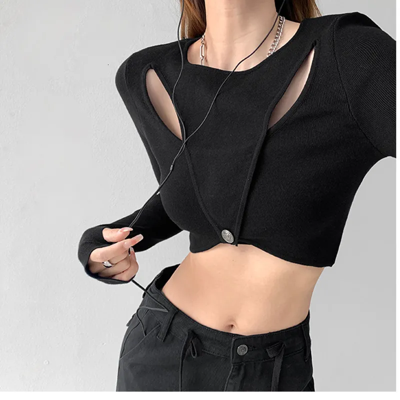 Women's Polos Chic Hollowout Sense of Design Pullover Round Neck Knit Women Spring Short Exposed Navel Bottoming Shirt Slim Longsleeved Top 230330