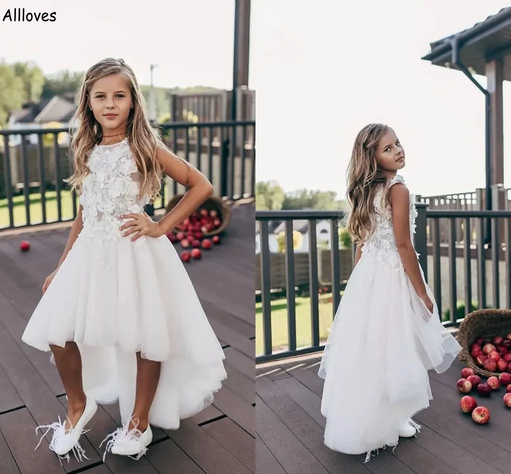 Mooie bloemen kanten bloemenmeisjes jurken voor bruiloftsfeest High Low Tule A Line Short Formal Birthday Jurets For Little Girls Kids Toddler First Communion -jurk Cl2112