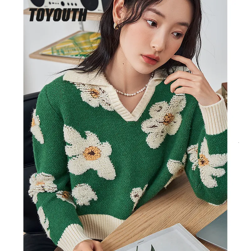 Women's Vests Toyouth Women's Sweater Winter Long Sleeve Polo Neckline Loose Knitted Brushed White Print Warm Casual chic Top 230330