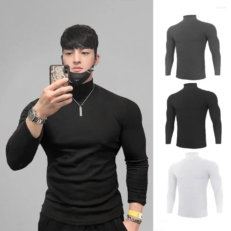 T-shirt da uomo T-shirt autunno e inverno colletto alto stand manica lunga collant allenamento muscolare marea abbigliamento fitness di marca