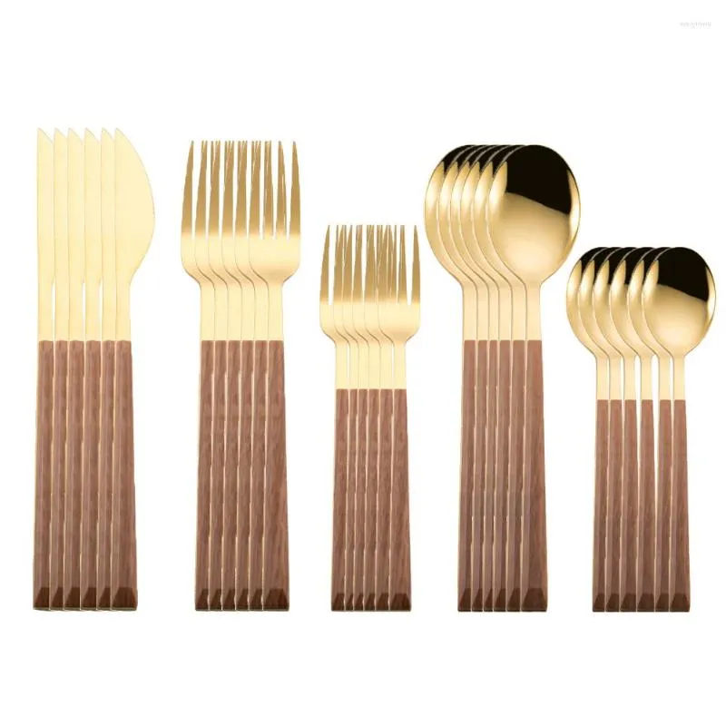 Ensembles de vaisselle 30 pièces ensemble Imitation manche en bois or couverts marbre acier inoxydable couteau fourchette cuillère vaisselle couverts
