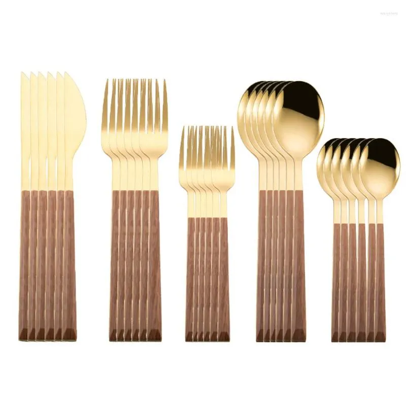 Set di stoviglie Set da 30 pezzi Manico in finto legno Posate dorate Posate in marmo Acciaio inossidabile Coltello Forchetta Cucchiaio Stoviglie