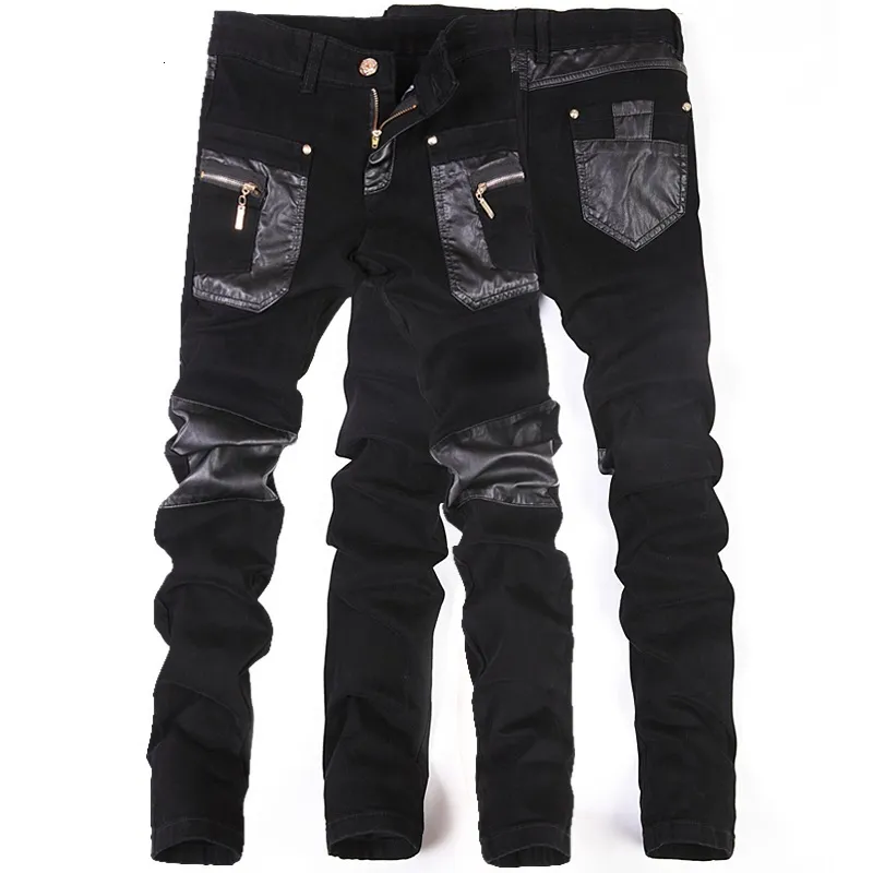 Heren jeans mode mannen lederen broek patchwork casual skinny motorfiets hoge kwaliteit slanke broek maat 2836 230330