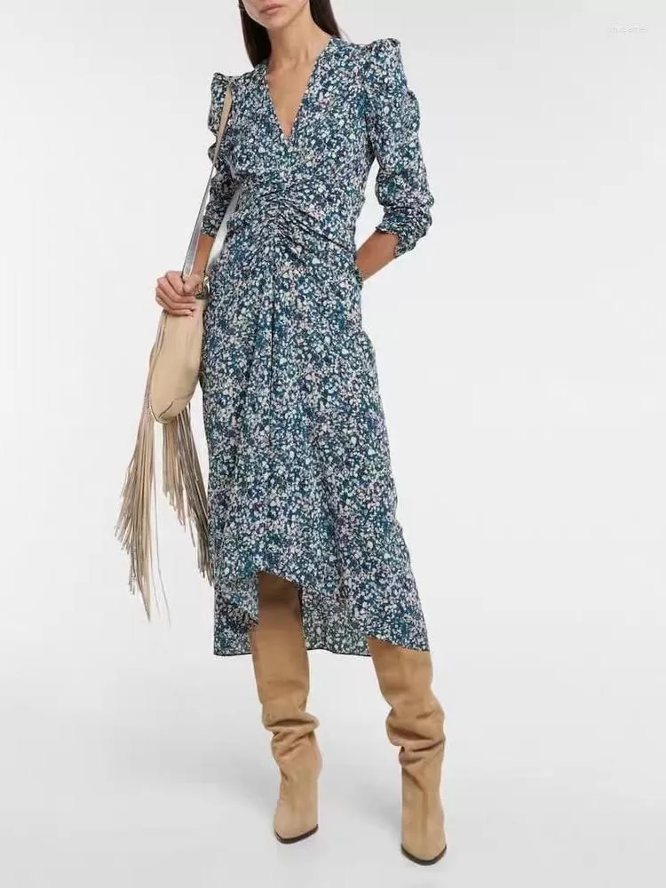 Casual jurken zijde geplooide midi -jurk voor vrouwen geometrische print vintage hoge taille drie kwart mouw vrouwelijk onregelmatig gewaad 2023