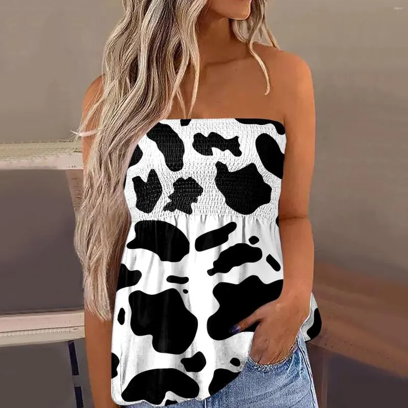 Kvinnors blusar Axless Bandeau Tank Women Milk Cow Printed Smocked Off Shoulder Tubs Tops Summer Casual Loose Holiday Vest Shirts Blus