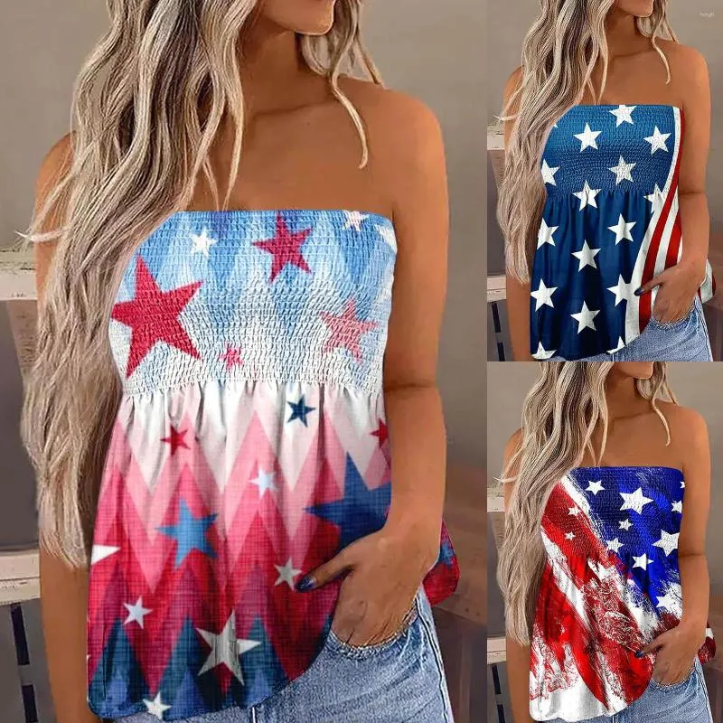 Women's Blouses Women Independence Day Strapless Blouse Tube Tank Top Summer Loose Shirt Smocked Camis Off Shoulder Pleated Boho Vacation