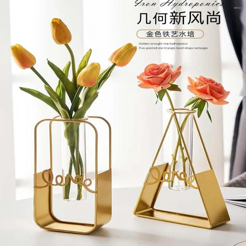 Vase Creative Light Luxury Iron Art Glass Hydroponic Vase Decorationモダンシンプルなリビングルームフラワーアレンジメントテーブルデコラ