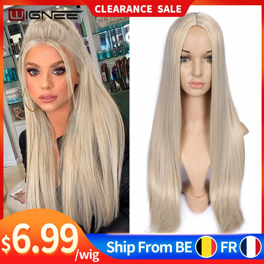 Perruques Synthétiques Wignee Cheveux Longs Raides Synthétiques pour Femme Blonde Naturel Partie Moyenne Résistant à la Chaleur Fibernatural Quotidien 230227