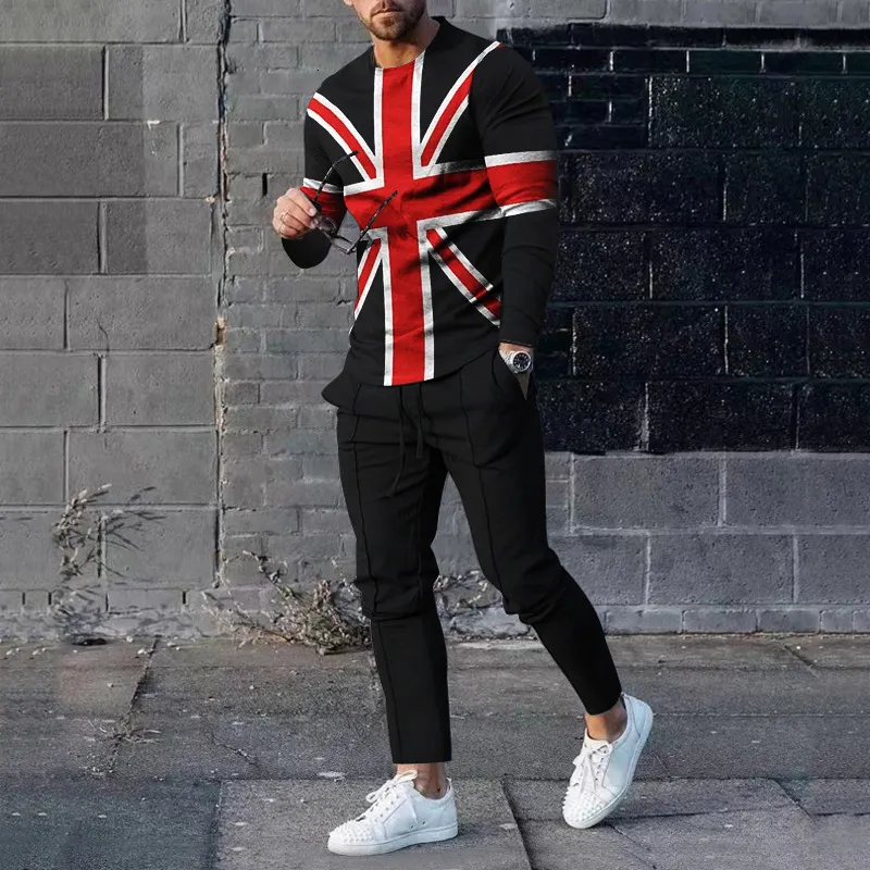 Men's Tracksuits 2023 Fashion British Style 3D Printing Union Jack Short Sleeve Shorts TwoPiece مجموعة Tshirt غير الرسمية 230330