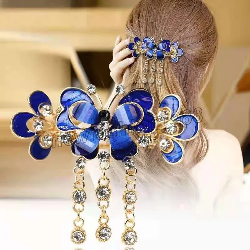 New Rhinestone Butterfly Tassel Hair Clip Hair Barrette Women Girl Vintage Crystal Butterfly Flower Hairpin Hair Accessory Gift