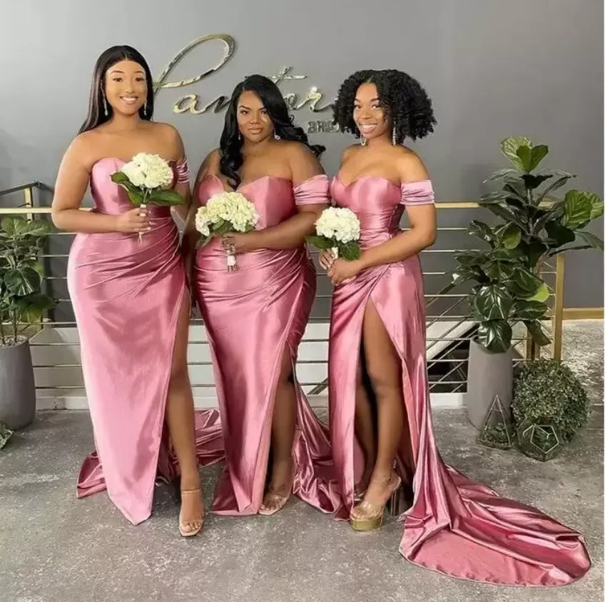 Off Shoulder Pink Pink Satin Bridesmaid Dresses Floor Length