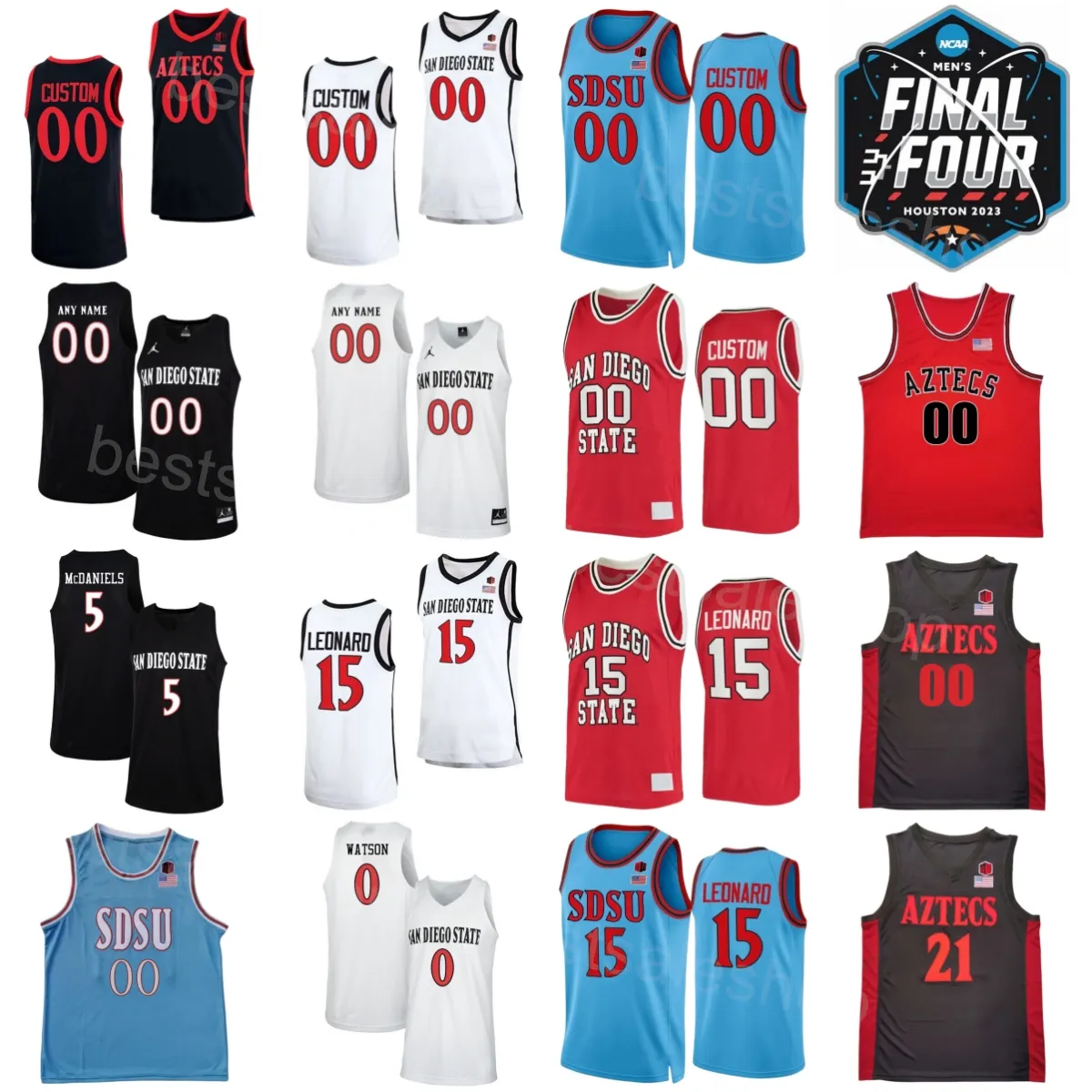 Basketboll Final Four 2023 College Jerseys San Diego State Aztecs 0 Devin Watson 5 Jalen McDaniels 21 Malik Pope 15 Kawhi Leonard Jamaal Franklin Anpassad namnnummer