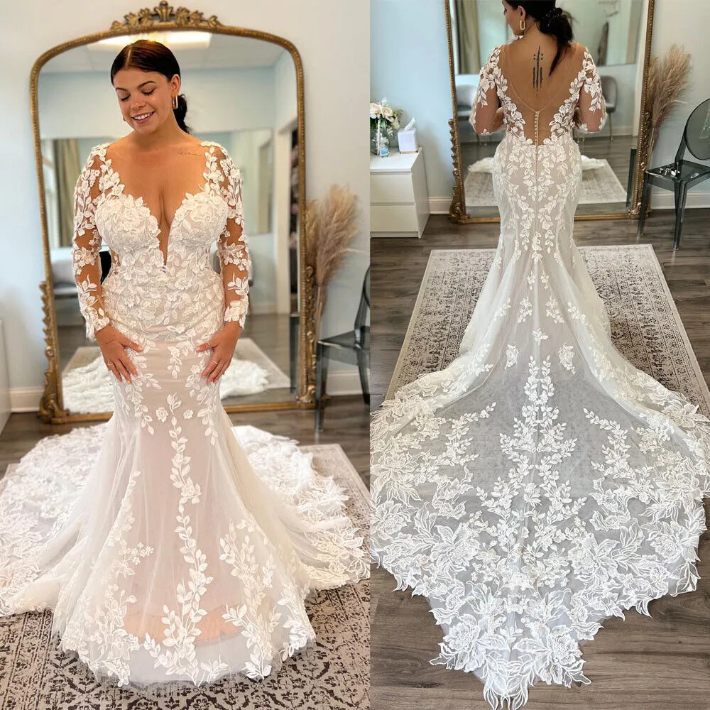 Grande taille Boho robe de mariée 2023 avec Appliques dentelle à manches longues sirène église robes de mariée Court Train plage femmes Chic robes de mariée Appliques vestido de noiva