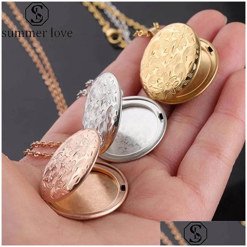 Pendentif Colliers Vintage Fleurs Gravées Collier Rond 3 Couleurs En Acier Inoxydable Diy Cadre Photo Po Médaillon Pour Femmes Fash Dhgarden Dhj6N