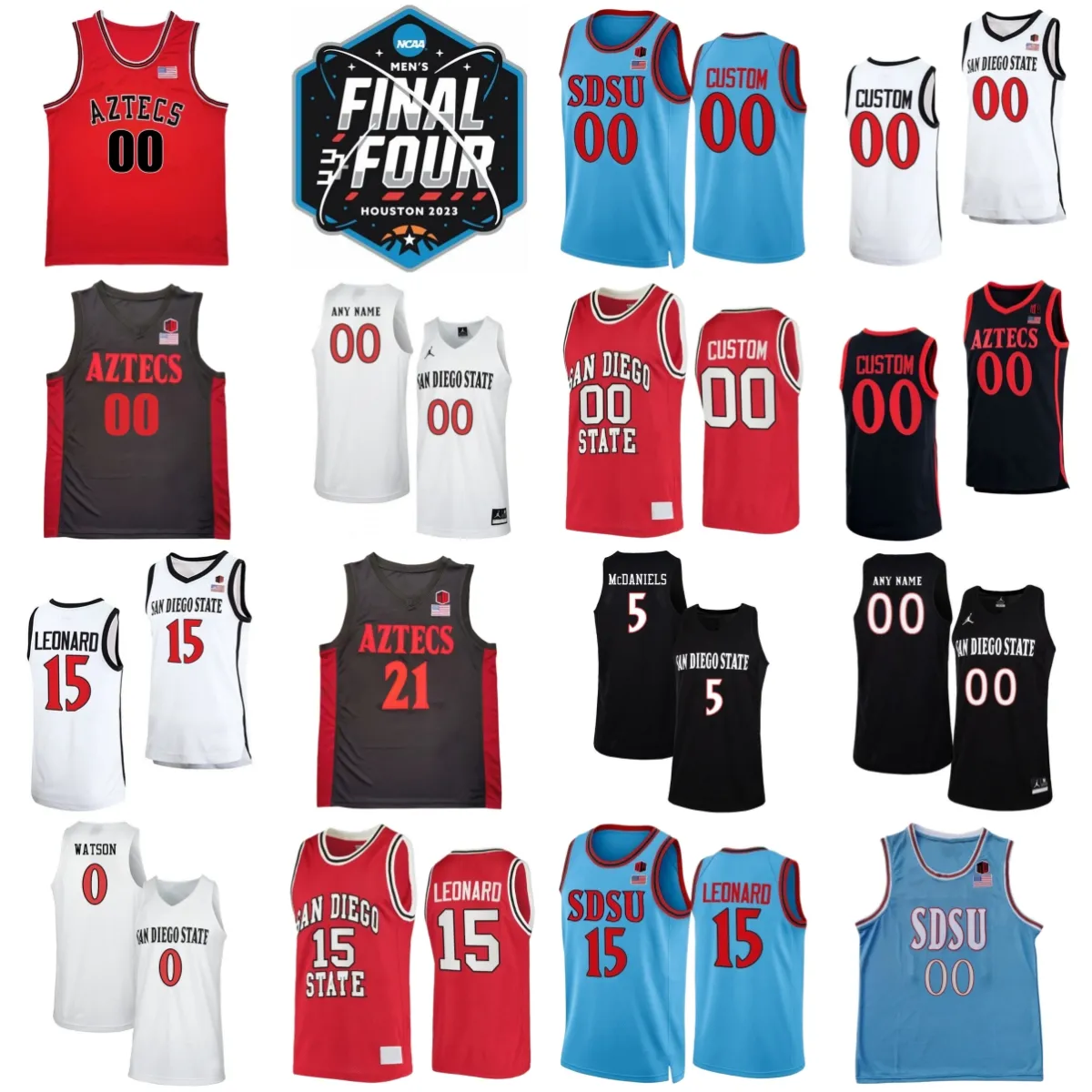 San Diego State Aztecs College Basketball 5 Jalen McDaniels Jerseys 2023 Final Four 21 Malik Pope 15 Kawhi Leonard 21 Jamaal Franklin 0 Devin Watson University NCAA