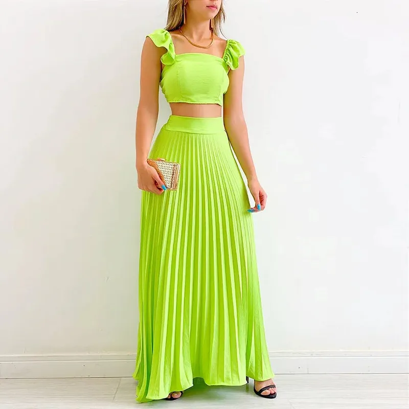 Summer Casual Two Piece Gala Dress Set for Women - Sexy Sleeveless Solid Color Top and Long Skirt - Elegant Sweet Suit Femal (230331)