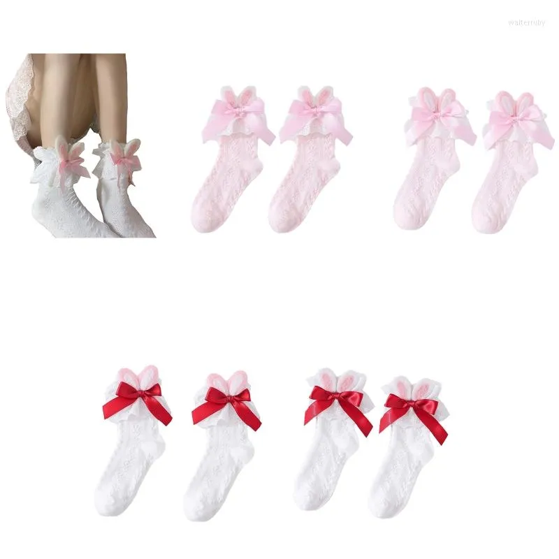 Women Socks Japanese Girls Kawaii Lolita Ankle Sweet Plush Ears Frilly Ruffle Lace Bowknot Princess Short Dropship