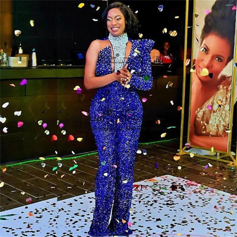 Feestjurken Royal Blue Jumpsuit Prom One Long Sleeve Sequaded Arabische Arabische Aso Ebi Avondjurken Sluitige tweede receptie