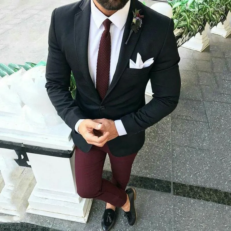 Men s Black Slim Fit Tuxedo Suit with Burgundy Pants Classic Wedding Groomsmen Blazer Costume Homme 2Piece