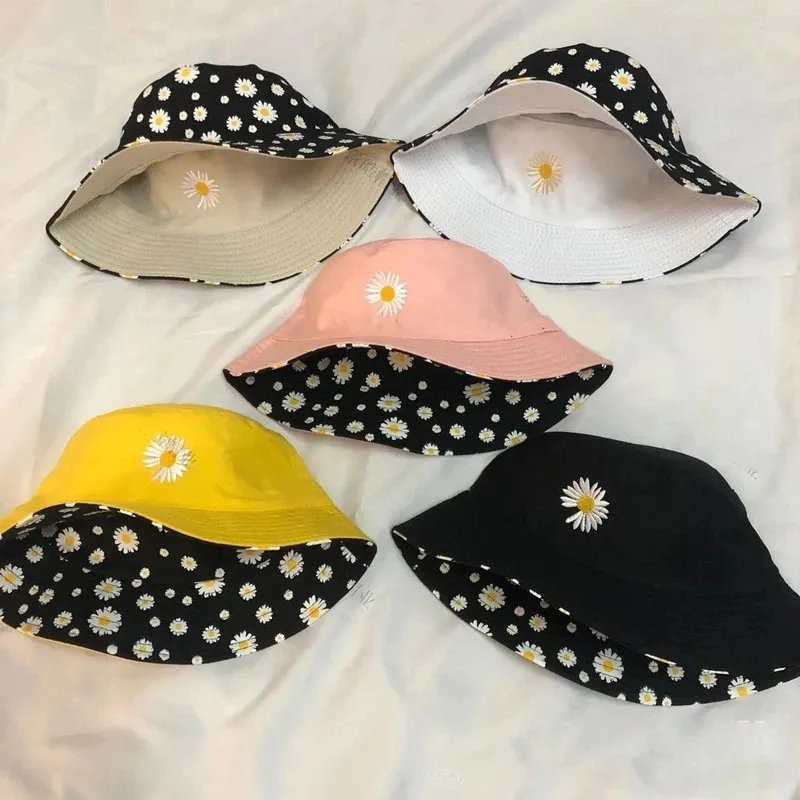 Sombreros de pescador de margaritas de verano de doble cara, gorras bordadas de Hip Hop Panamá Bob para mujer, sombrero de pescador plegado para playa y sol para mujer