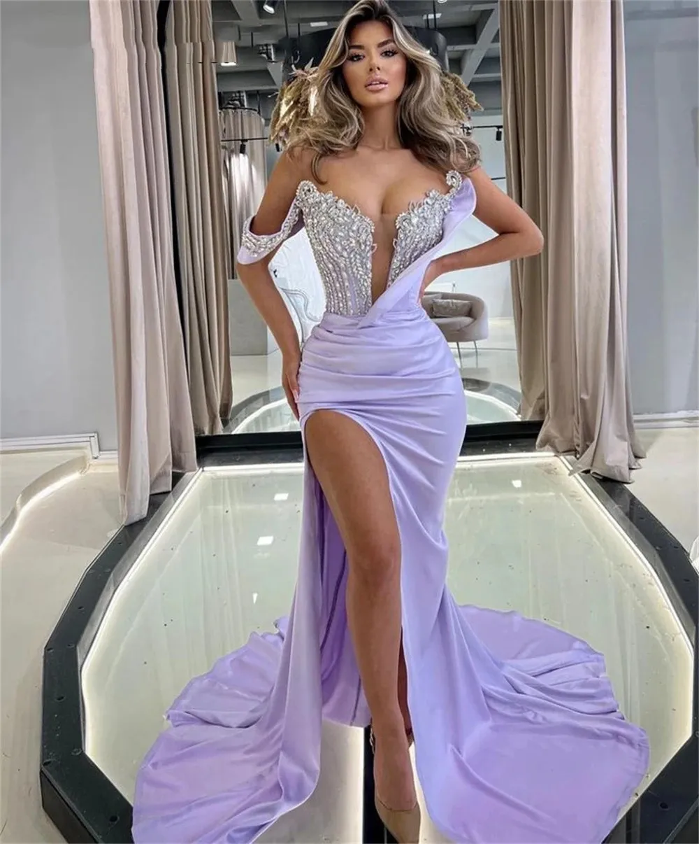 Elegant Light Purple Satin Prom Dress: Off-the-Shoulder, Beaded