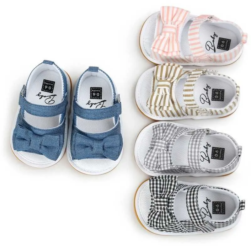 Sandals New Baby Girl Shoes Bowknot Love Striped Anti-slip Soft Rubber Sole Newborns First Walkers Crib Baby Summer Sandals Z0331