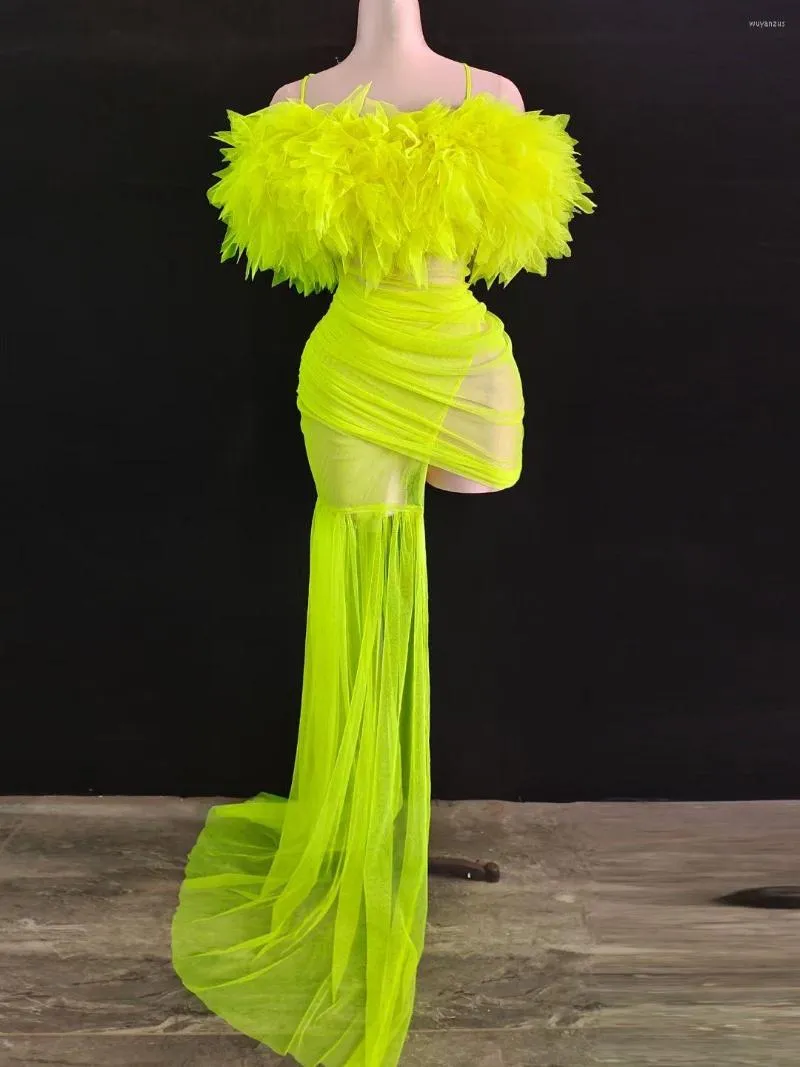 Stage Draag fluorescentie groen gaas sexy spaghetti riem asymmetrische jurk voor vrouwen beroemde avonddoek prom concert kostuums