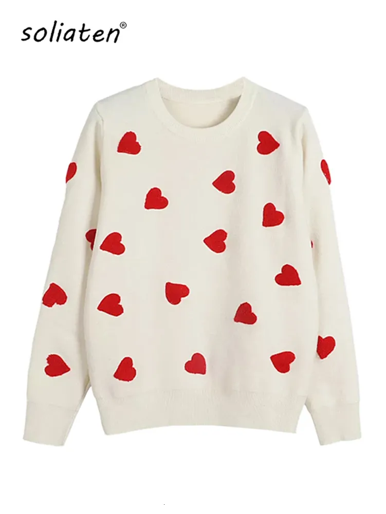 Women's Sweaters 2023 Spring Embroidery Heart Women Sweater O Neck Kawaii Fashion Pullover Loose Jumper Long Sleeve Knitwear Female C 129 230331