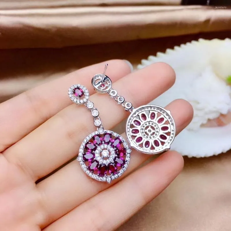 Baumelnde Ohrringe Shinning Mode Kreis Roter Granat Edelstein Ohrring Set für Frauen Silber Feiner Schmuck Natürlicher Edelstein Weinfarbe Geburtsstein Geschenk