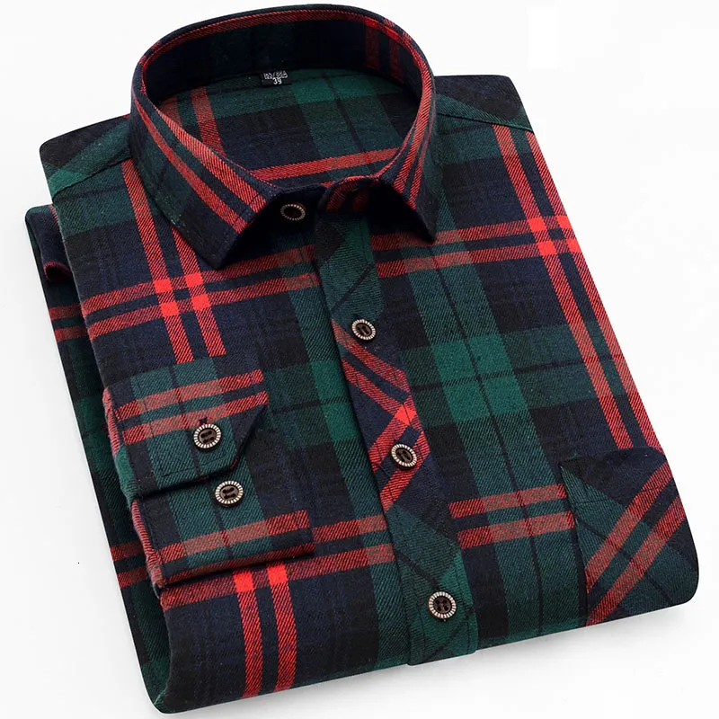 Mäns casual skjortor Autumn Casual Men's Flanell Plain Shirt Brand Men's Business Office Red and Black Plaid Långärmad skjorta kläder 230331