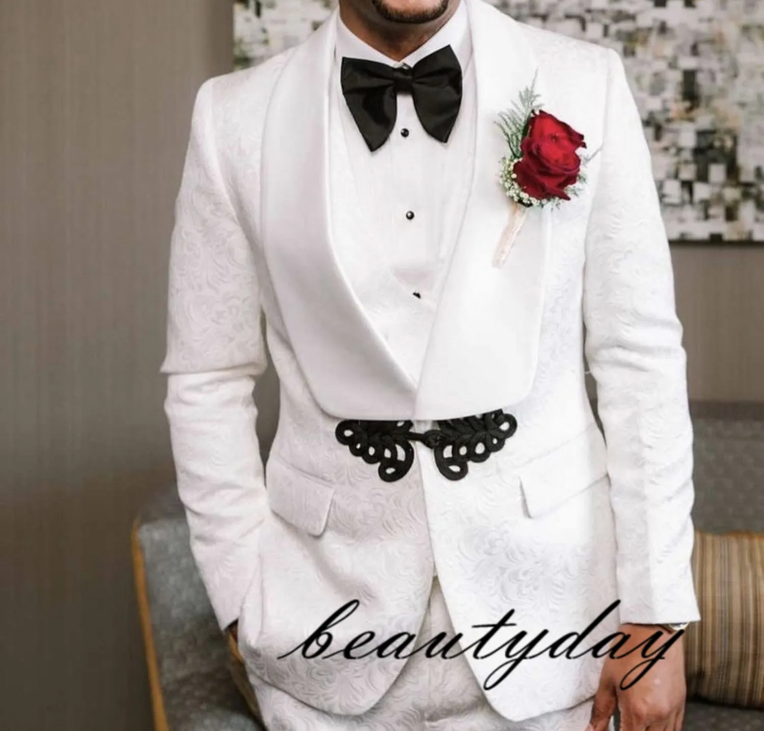 Tuxedos de mariage blanc Dobby costumes de marié costumes châle revers garçons d'honneur coupe ajustée dîner formel hommes d'affaires tenue 3 photos ensemble veste gilet pantalon noeud papillon