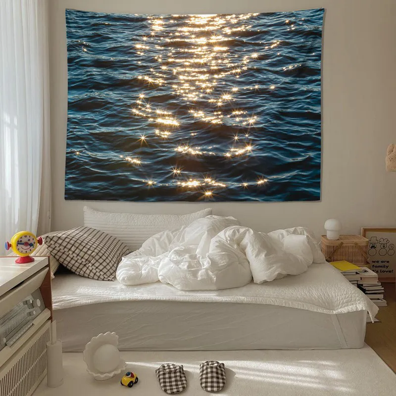 Tapestres imitação paisagem marinha tapeçaria brilhante parede de água pendurada para o quarto de quarto de quarto cenário caseiro de grandes dimensões 230330