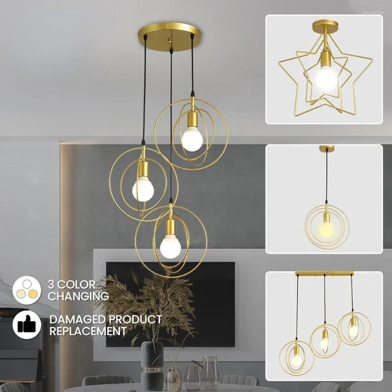 Lampes suspendues Éclairage intérieur pour la maison Étoile Plafonnier Porche Escalier Salle à manger Lustre Or Tricolore Variable Lumière LED Source