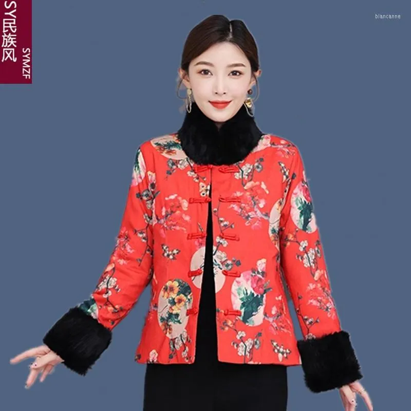 Women's Jackets Winter Chinese Style Women's Jacket Cotton Thick Clothing Vintage Buckle Fur Collar Short Coat