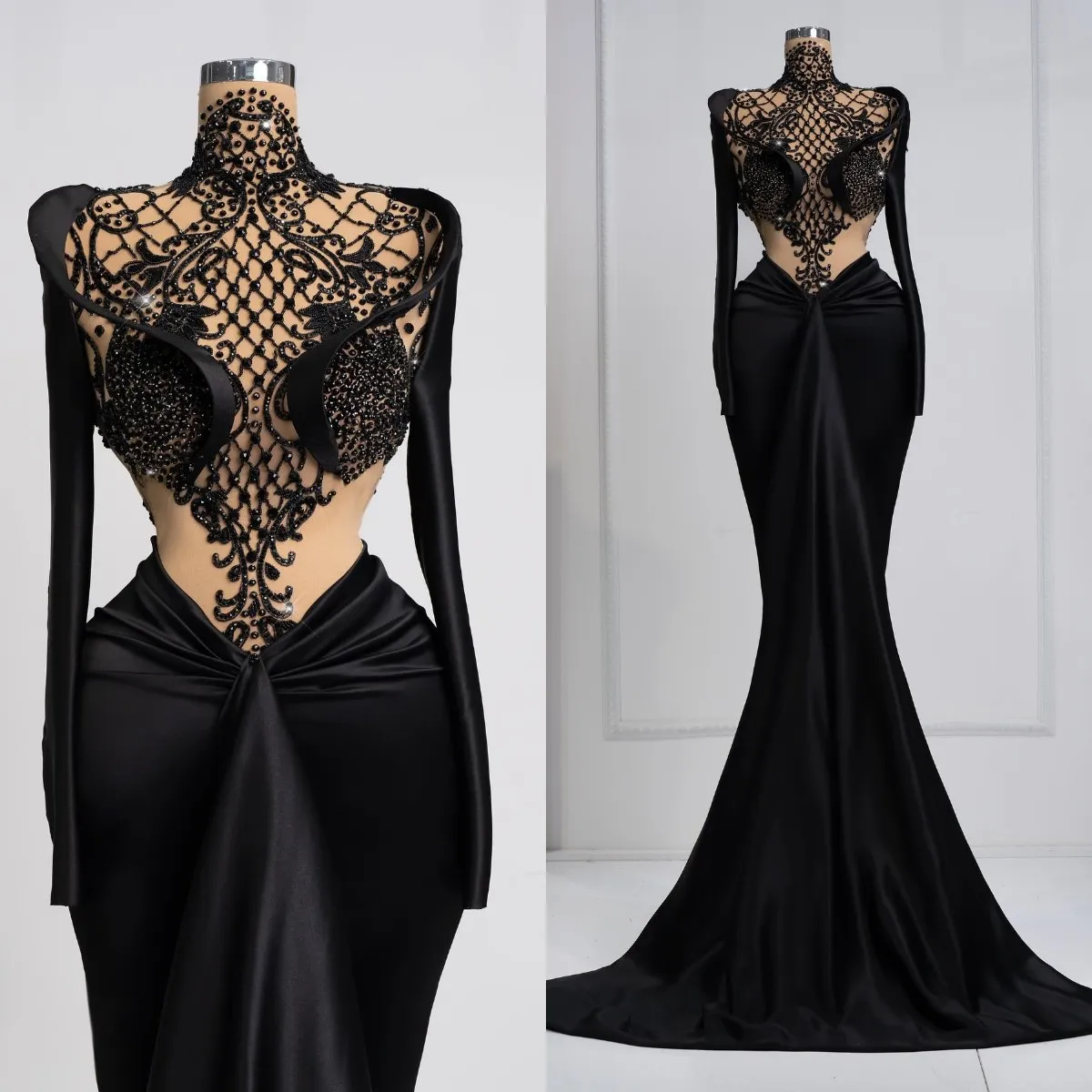 Black Beaded Modest Prom Dresses Satin High Neck Lace Sweep Train Custom Made Evening Party Gown Plus Size Formal 0425