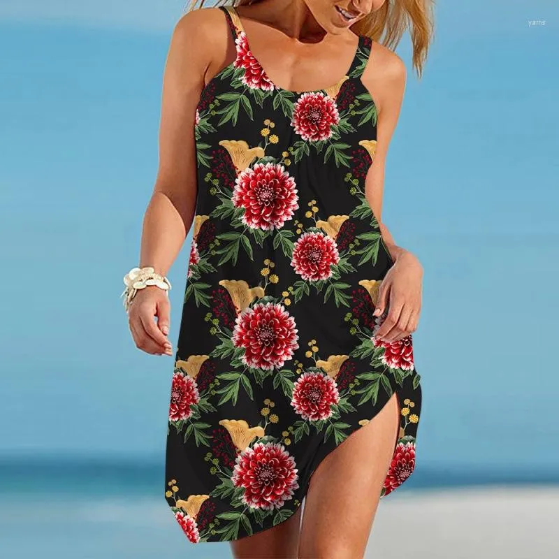 Lässige Kleider Sonnenblumen-Blumen-Strandkleid 3D-gedruckte Robe Frau Spaghettibügel formelle ärmellose Bademode weibliches Sommerkleid