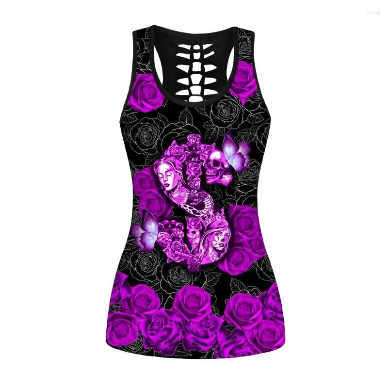 Frauen Tanks Sommer Sexy Halloween Schädel Purpel Rose Prints Aushöhlen Weste Elastische Fitness Gym Sport Workout Strand Tanktops Für Frauen