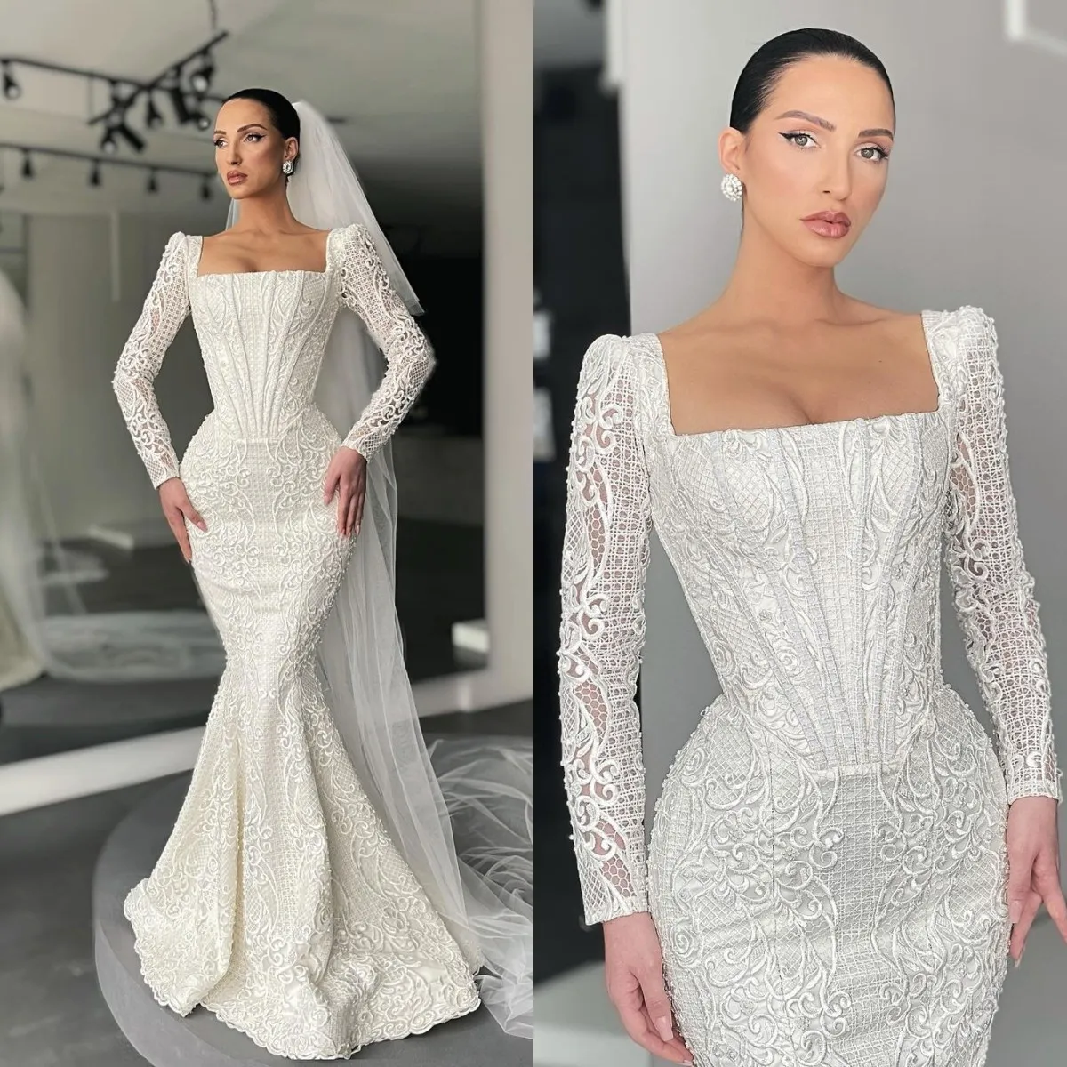 Long Sleeves Mermaid Wedding Dresses for bride Square Neck Floor Length Lace Wedding Dress bridal gowns