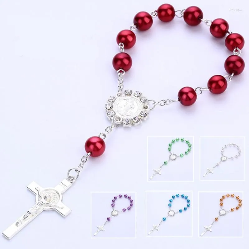 Pulseras con dijes Estilo de moda 2pes Hecho a mano Católico Perla de cristal Cuentas de oración Cruz Rosario Pulsera Aniversario Regalos para unisex