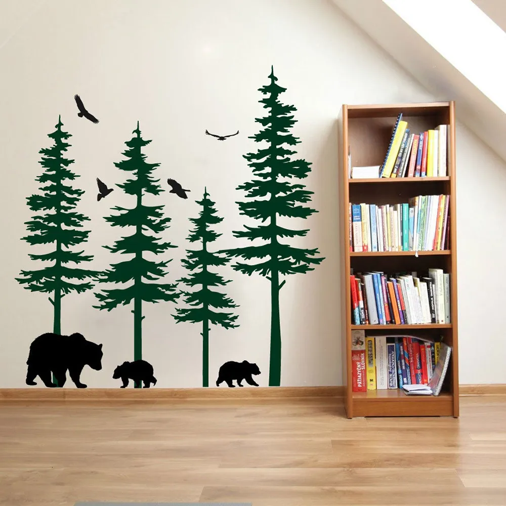 Adesivos de parede grandes abeto pinho urso parede decalque sala de estar desenho animado florestal animal pássaro parede decalque decalão decoração de vinil 2303331