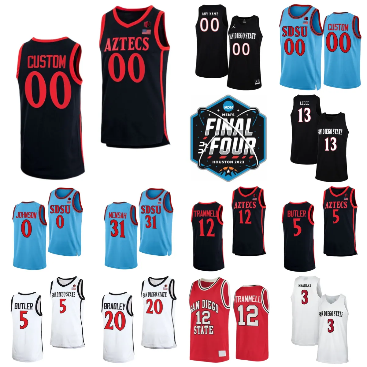 Final Four 2023 College 5 Lamont Butler Jerseys Basquete San Diego Estado astecas 13 Jaedon Ledee 3 Micah Parrish 0 Keshad Johnson 31 Nathan Mensah 20 Matt Bradley