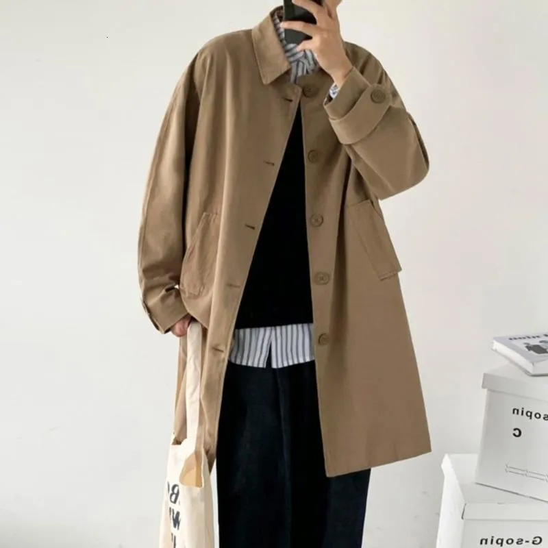 Men's Trench Coats Wear Autumn Fashion Single Breasted Clothes Male Long Coat Loose Overcoat Trend Handsome Casual Windbreak 230331