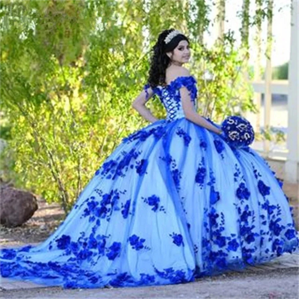 Kraliyet Mavi Boncuklu İnciler 3d Çiçekler Quinceanera Omuz Dantel Korsa Prenses Promes Promes Vestidos de Quinceanera