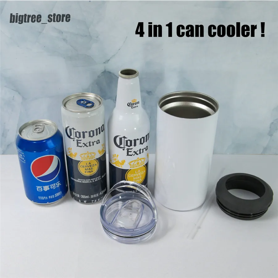 16 oz 4 en 1 gobelet à sublimation canettes vierges refroidisseur canettes koozie blanc gobelet droit en acier inoxydable 2 couvercles tasse à café bouteille d'eau