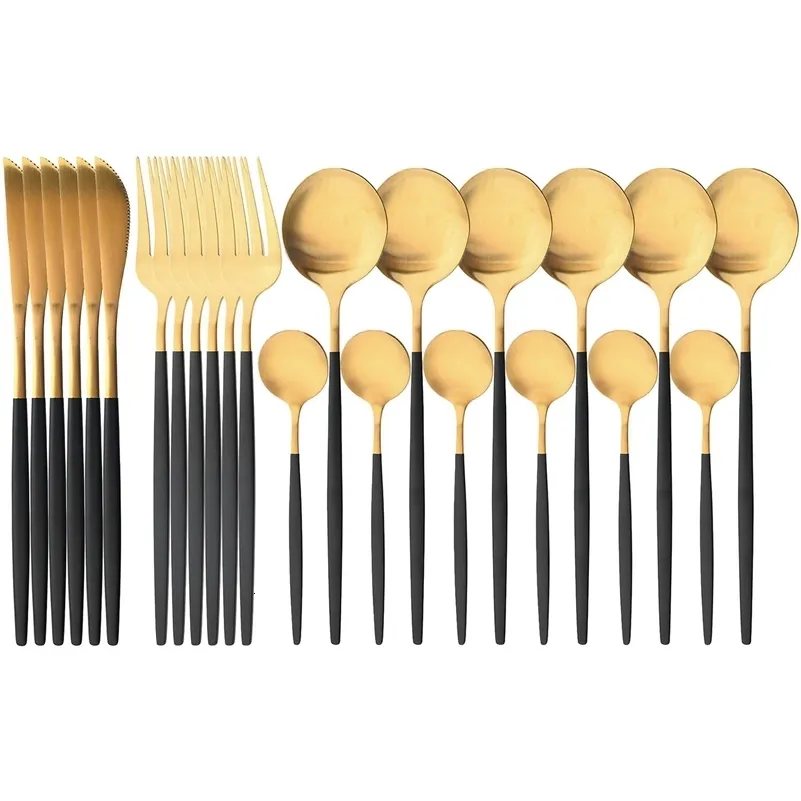 Geschirr-Sets JANKNG 24-teiliges goldenes Geschirr-Set aus Edelstahl, flaches Geschirr-Set, mattschwarz, Messerlöffel, Silber-Geschirr-Set 230331