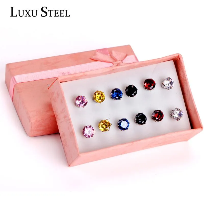 Studörhängen Luxusteel Present Box 6Pairs Earring Set Size 3mm/5mm/7mm rostfritt stål Anit-allergi Colorful Crystal Bijoux