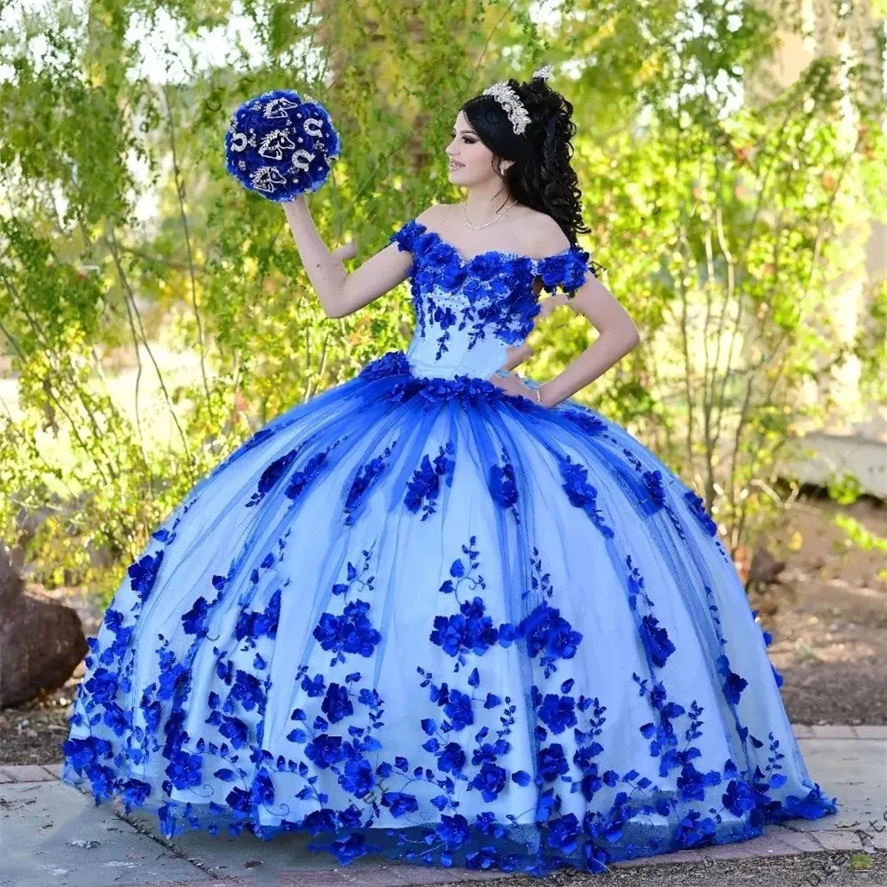 Royal Blue Beaded Pearls 3D Flowers Quinceanera Dresses Off The Shoulder Ball Gown Sweet Sixteen Prom Party Gowns Tulle Vestidos